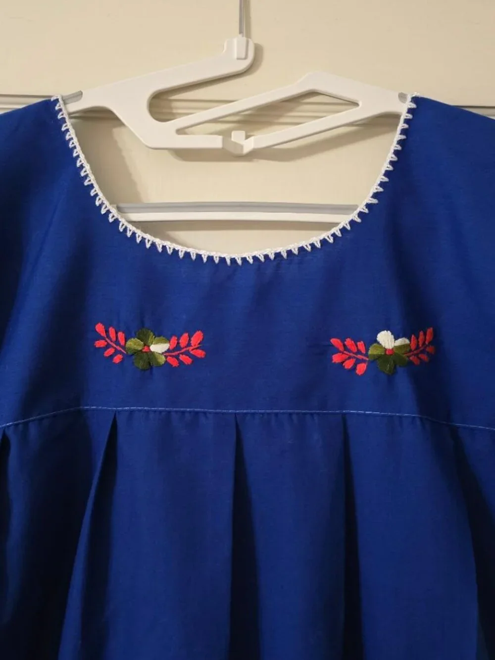 L Traditional Mexican Multi Floral Embroidery Dress in Cobalt Blue Cap Sleeve
